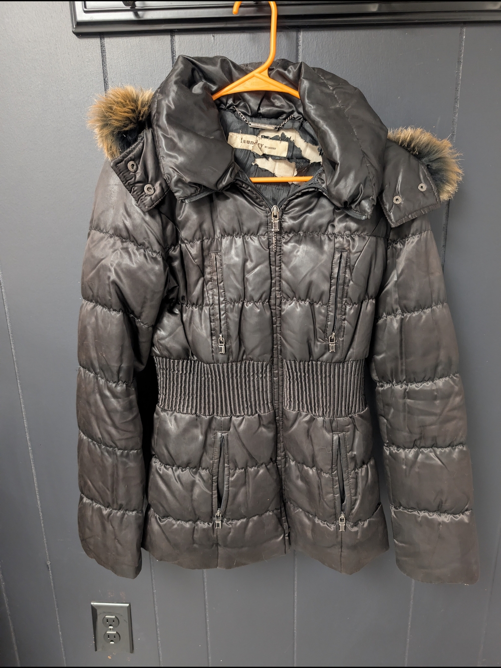 Laundry Dark Puffer Coat with Real Fox Fur Trim Down Feather Interior Fitted